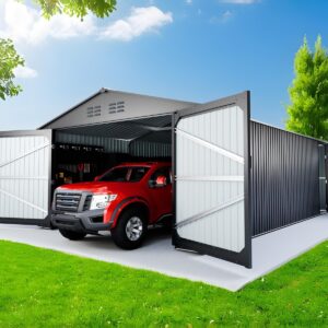 10x20 FT Upgrade Outdoor Storage Shed, Metal Garage Shed with 2 Lockable Doors, Large Metal Building with 4 Air Vents, Galvanized Steel Prefab Garage Sheds for Car, Truck, Bike, Tool, Black