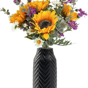 Flower Vase For Pampas Grass - Decorative Vase Spring Home Decor Indoor Modern Ceramic Flower Vases, Table Wave Ribbed Vase For Decor Accents, Black Chevron Pattern - 3.5X3.5X8 Inch Cynkeyee Online - Best Prices
