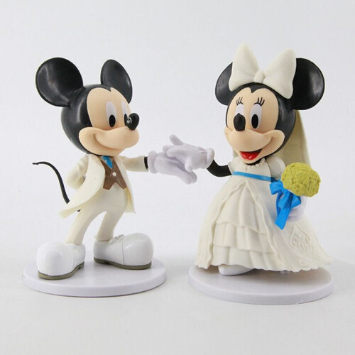 2pcs Disney Mickey & Minnie White Wedding Dress Cake Topper Fan Gift