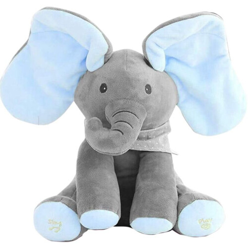 Gray/Blue Peek-a-boo Elephant Plush Toy, Singing Stuffed Doll Gift