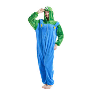 Luigi Adult M Mario Luigi Onesie Pajamas - Thick Coral Fleece Hooded