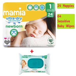 Mamia Newborn Diapers Size 1 - Pack of 24 with Free Baby Wipes