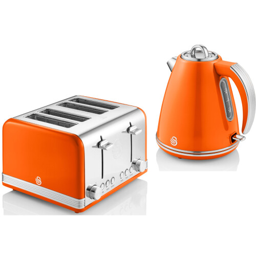 Swan Retro Orange Jug Kettle and 4-Slice Toaster Matching Set