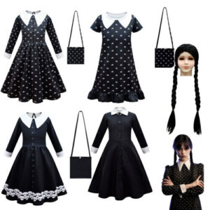 Wednesday Addams Family Girls Costume Wig & Bag Kid Outfit