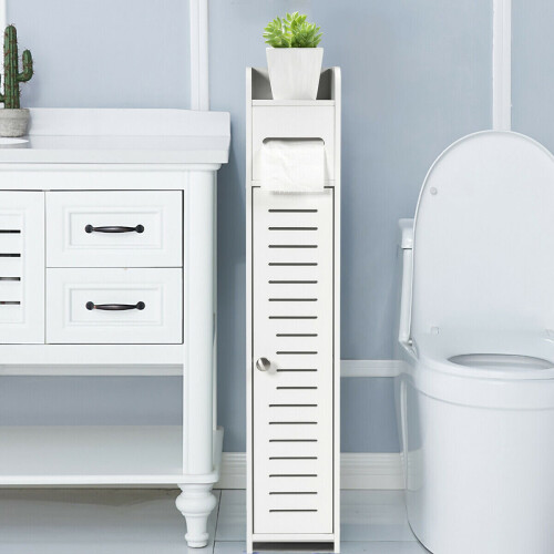 Wood Bathroom Storage Cabinet - Toilet Paper Roll Holder, Freestanding
